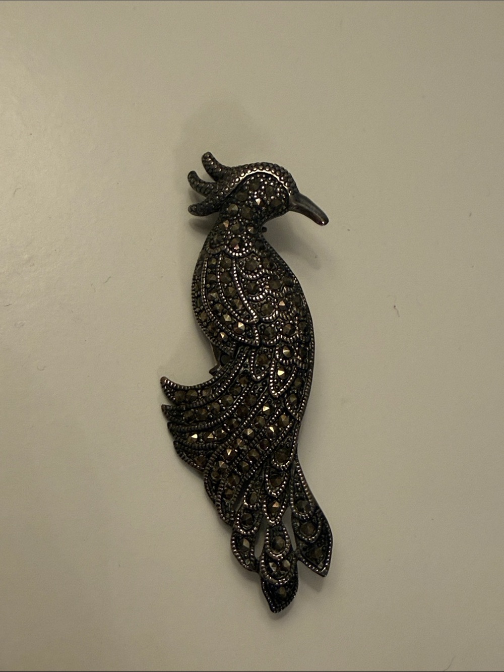Ornate Black Marcasite Bird Brooch Pin